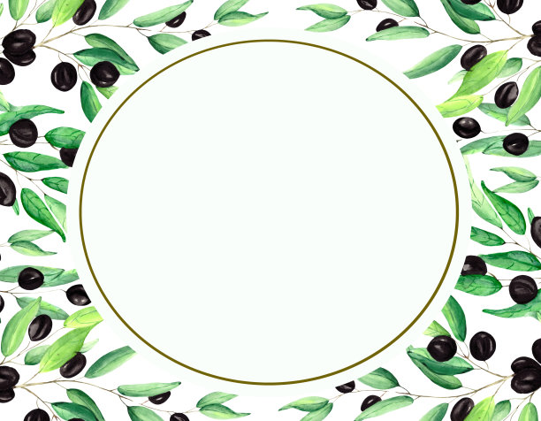 水彩框架与绿色的叶子和橄榄浆果的空间文字上的白色背景。植物插画装饰的节日海报，明信片，横幅和邀请。图片下载