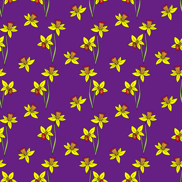 手绘矢量黄色水仙花束 Violet 背景花卉无缝图案插画素材图片