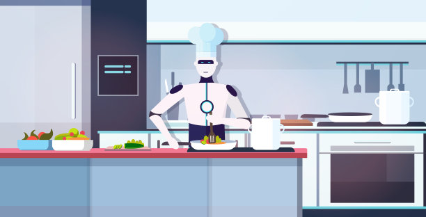 现代机器人厨师烹饪菜肴机器人厨师准备食物人工智能技术烹饪概念现代厨房室内水平肖像图片下载