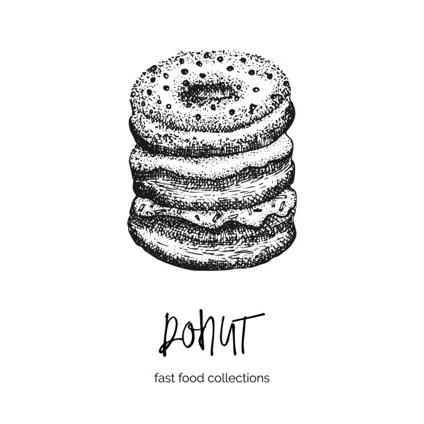 手绘墨水素描甜甜圈。雕刻风格。快餐早餐收藏。你的咖啡馆菜单设计，街头节日传单，贴纸，纹身，时尚印花都是不错的主意。图片下载