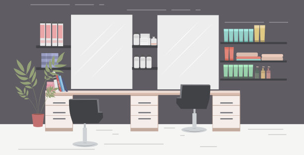 现代美发沙龙配有椅子、镜子和家具，美容沙龙室内水平布置图片下载