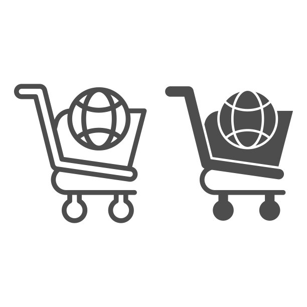 世界购物车线和字形图标。全球市场车与行星标志。商务矢量设计概念，轮廓风格的象形图上的白色背景，用于web和应用程序。图片下载