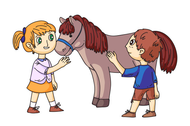 快乐的男孩和女孩在动物园的农场院子里抚摸马图片下载