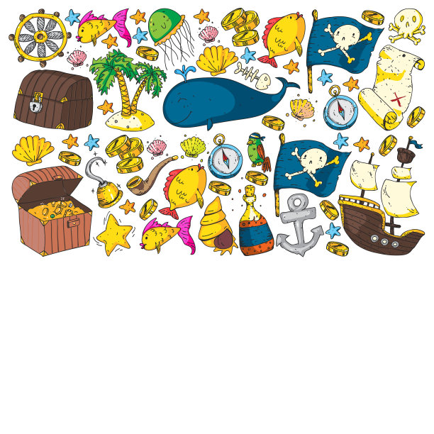 海洋和海洋的孩子。模式对男孩。盗版党。可爱的鱼、动物、宝贝。儿童度假模式，海滩玩具和元素。图片下载