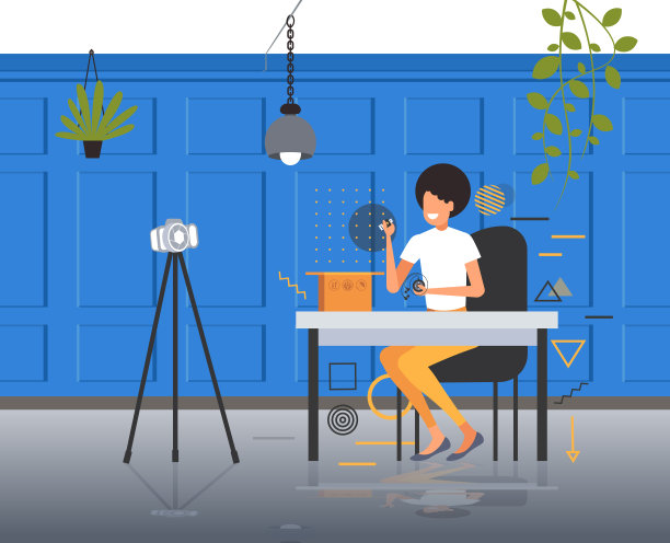 女科技博主用耳机打开盒子，用三脚架上的相机记录开箱视频，博客直播现代办公室室内水平全长概念图片下载