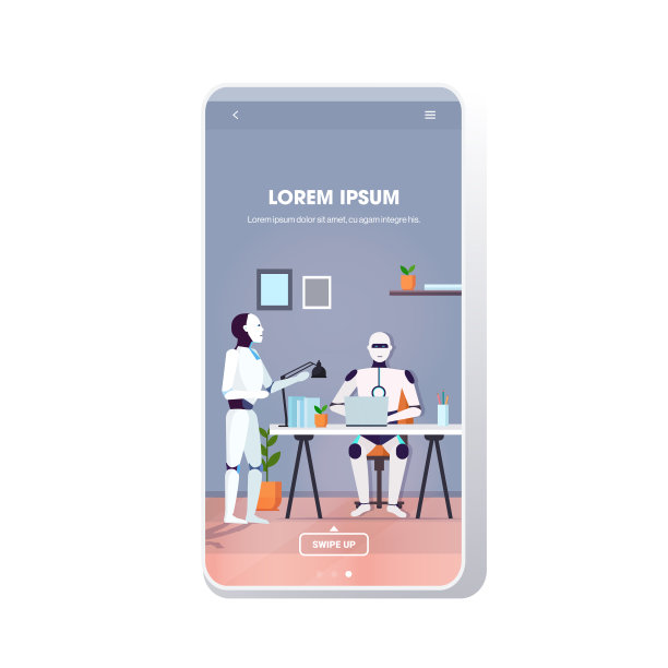现代机器人团队使用笔记本电脑机器人同事头脑风暴在工作场所人工智能技术概念现代办公室内部智能手机屏幕移动应用全长复制空间图片下载