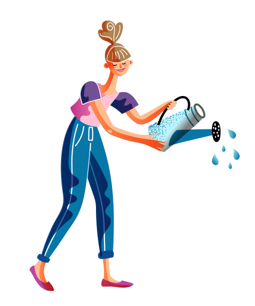 幸福的年轻女子性格洒水自可孤立上白。种植植物的漂亮女孩。园艺和种植。户外活动。矢量平面裁剪插图。图片下载