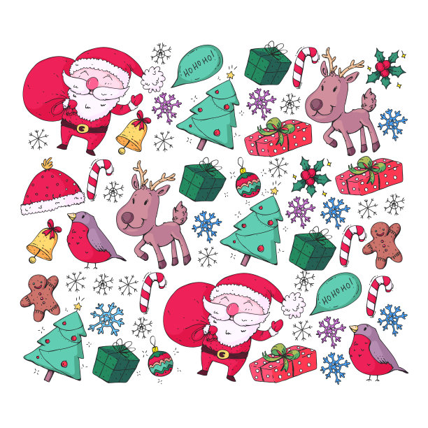 冬季圣诞节聚会。新年快乐。红腹灰雀，圣诞老人，雪人，鹿。礼物和糖果。图片下载