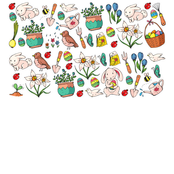带有复活节和春季元素的矢量模式。篮子里有鸡蛋，兔子，花，鸟图片下载