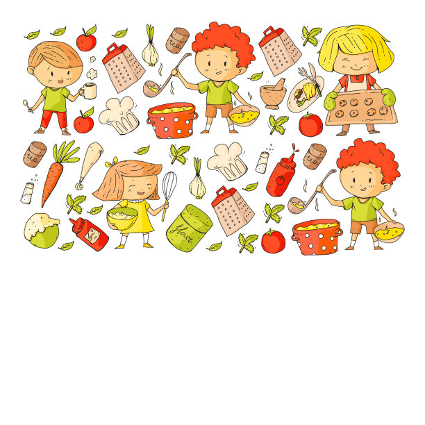 健康的食物和烹饪。水果、蔬菜、家庭。涂鸦向量集。图片下载