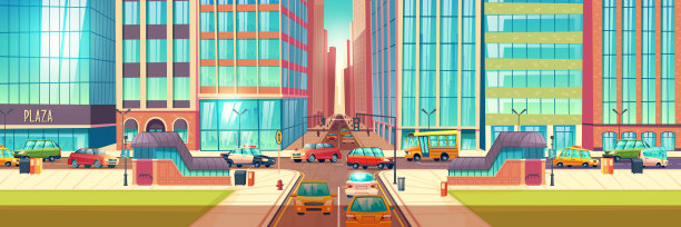 城市道路交叉口卡通矢量背景素材图片