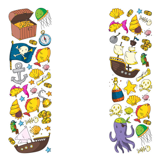 海洋和海洋的孩子。模式对男孩。盗版党。可爱的鱼、动物、宝贝。儿童度假模式，海滩玩具和元素。图片下载