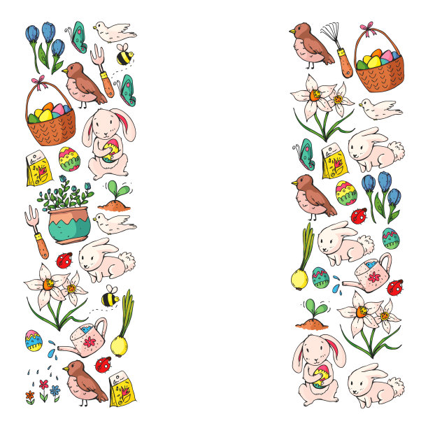 带有复活节和春季元素的矢量模式。篮子里有鸡蛋，兔子，花，鸟图片下载