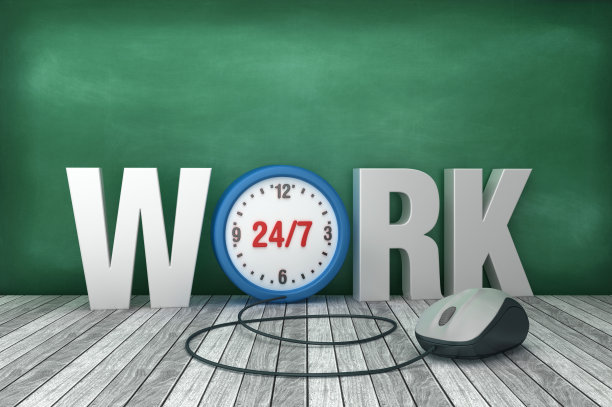 3D文字工作与时钟在黑板上的背景- 3D渲染图片下载