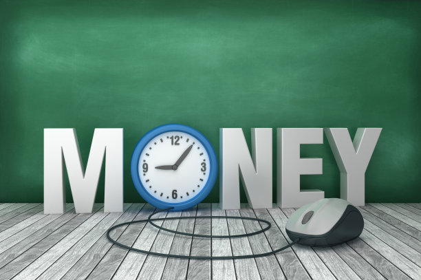 3D文字金钱与时钟在黑板上的背景- 3D渲染图片下载