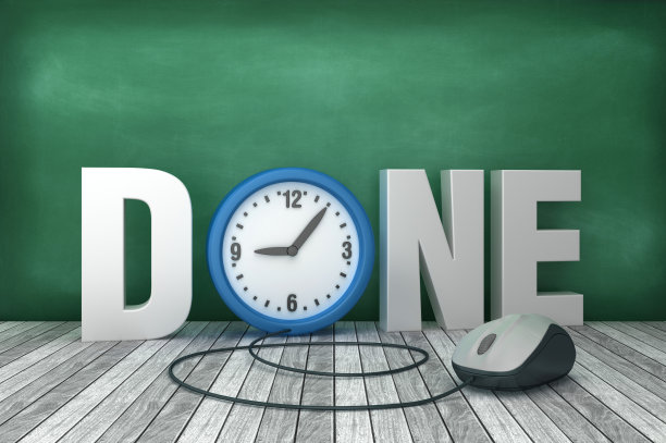 3D文字完成与时钟在黑板上的背景- 3D渲染图片下载