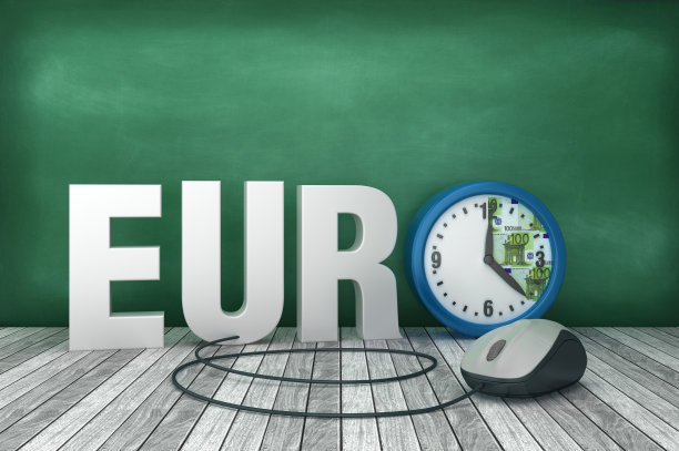3D字欧元与时钟在黑板上的背景- 3D渲染图片下载