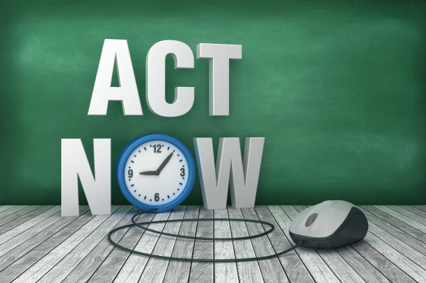 3D文字“立即行动”，黑板背景与时钟 - 3D渲染图片下载