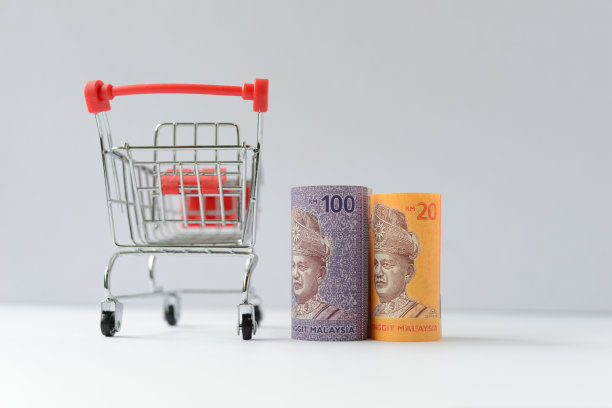 购物车和林吉特滚动的钞票在白色的背景图片下载