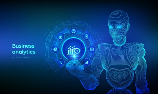 虚拟屏幕上的业务数据分析和机器人流程自动化概念。公司利润和收入，BI或KPI概念。机械手触摸数字界面。矢量插图。图片下载