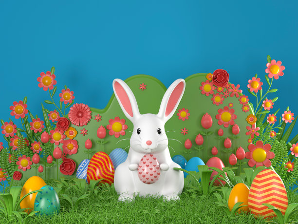 3d渲染图像复活节兔子兔子抱着复活节蛋在草地上图片下载