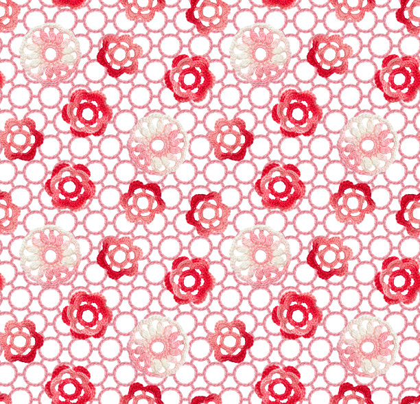 无缝图案的爱尔兰花边钩针在一个空气环网。这个装饰品是用红粉混色纱线编织而成的。图片下载