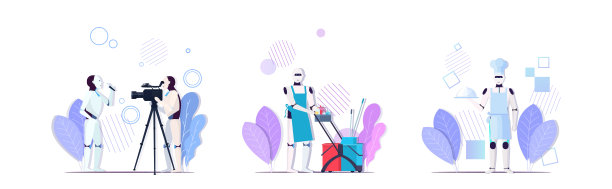 集机器人直播新闻、清洁服务、厨艺人工智能技术概念集合横放全长图片下载