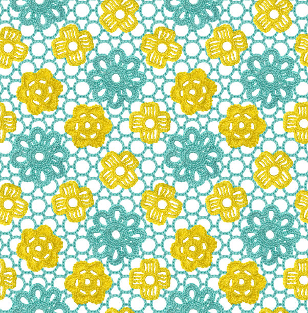 无缝爱尔兰花边图案的黄色和青色花。这块布是用钩编的。图片下载