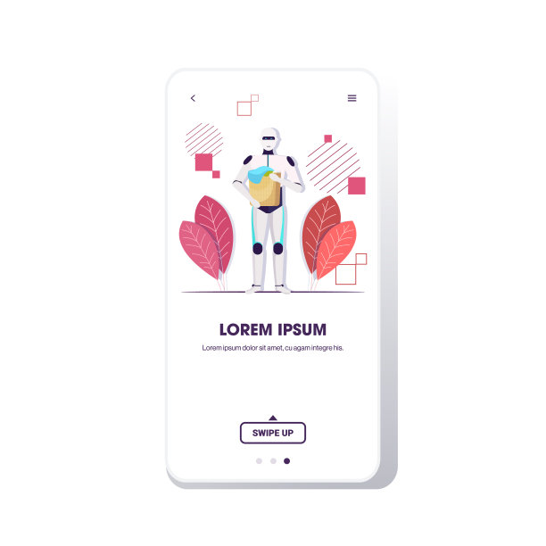 机器人拿着洗衣篮与脏衣服人工智能技术家政概念全长智能手机屏幕移动应用复制空间图片下载