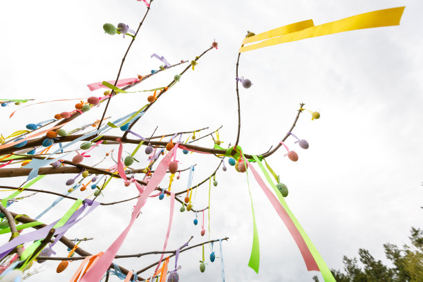 悬挂在盛开的树枝上的三个装饰性复活节彩蛋春季开花节日贺卡模板天空背景图片下载