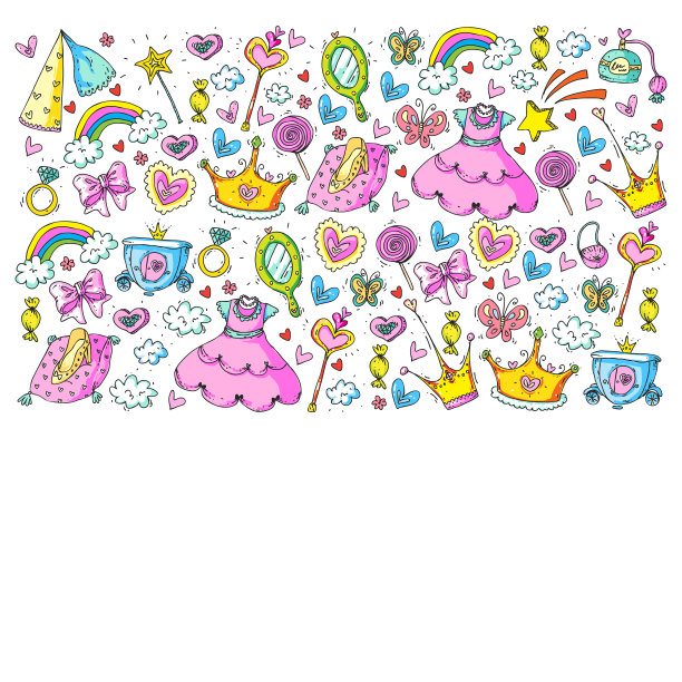 小女孩们的公主生日派对。幼儿园、学校的孩子们的照片。插图为儿童城堡，仙女，服装，皇冠。图片下载