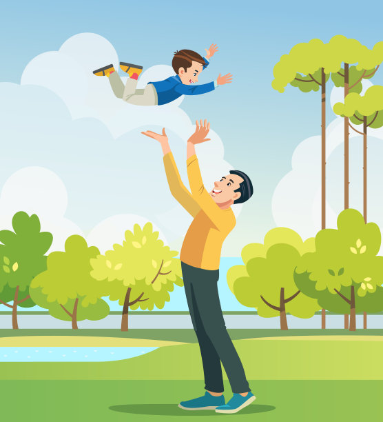 爸爸和儿子在公园里玩。人们在球场上玩得很开心。友善的家庭和暑假的概念。向量的卡通插图图片下载