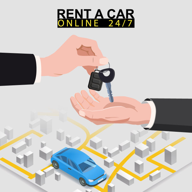 汽车共享等距。手转移车钥匙到另一只手与城市地图路线和点位置蓝色汽车。在线移动应用订单服务。矢量插图用于汽车共享服务的广告、推广图片下载
