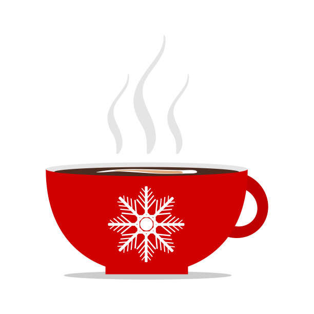 冬天热饮。红色的可可，咖啡或热巧克力与雪花。圣诞贺卡设计元素。图片下载