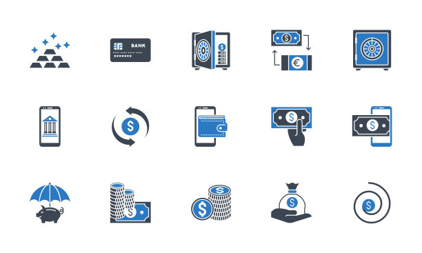 银行的图标集。黑色和蓝色。图片下载