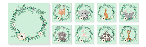 可爱的动物拥抱，桉树和花环。树懒，考拉，袋鼠，犀牛，浣熊，火烈鸟，狐猴，长颈鹿。贺卡，海报，横幅。手绘矢量插图。图片下载