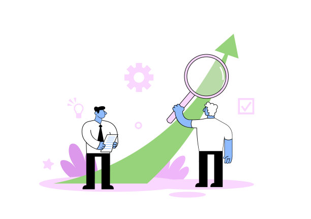 商人通过放大镜看上升的箭头。商业研究，数据分析。卡通矢量插图。平的风格。孤立在白色背景上。图片下载