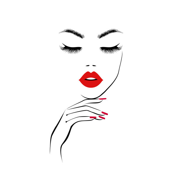美丽的女人的脸与红色的嘴唇，茂盛的睫毛，手与红色的指甲。美丽的标志。矢量图图片下载