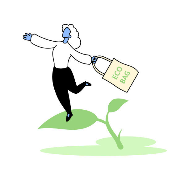 带着环保袋的快乐年轻女人。32、生态友好人，节约生态理念。卡通矢量插图。平的风格。孤立在白色背景上。图片下载