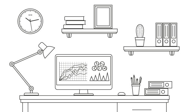 办公桌或桌子用电脑勾勒草图。线条风格的商务工作区或室内。矢量插图。图片下载