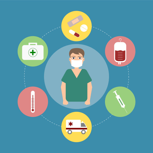 身穿外科手术服，带口罩的医护人员。医生被医疗图标包围着素材图片
