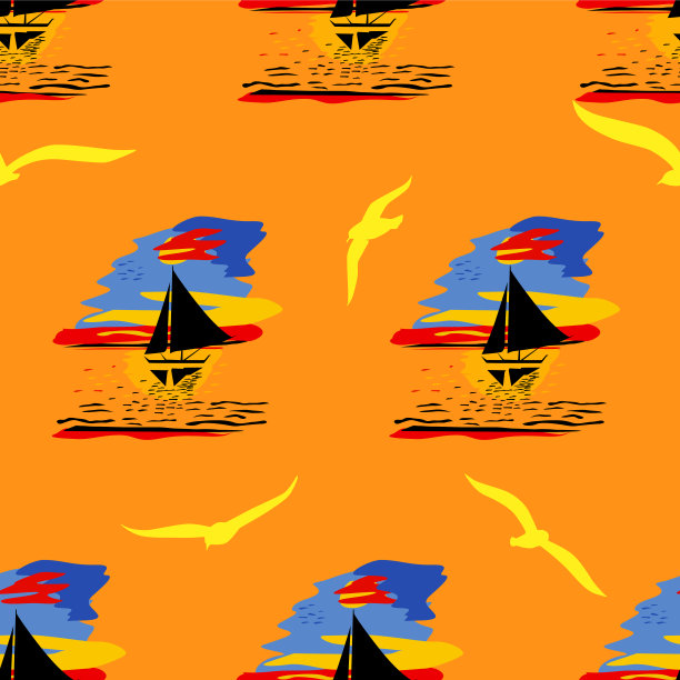 无缝插图与游艇或帆船，海鸥和橙色的波浪。有海洋或海洋的景观。纺织品图案，墙纸。向量。素材图片