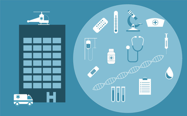 医院大楼有医疗图标。城市诊所前面有救护车和直升机。图片下载