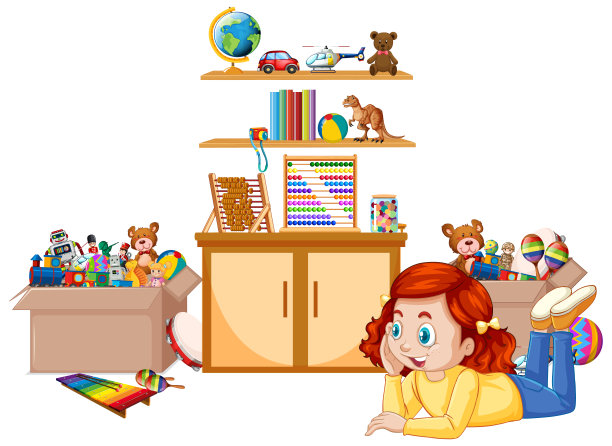 女孩在房间里玩玩具的场景图片下载