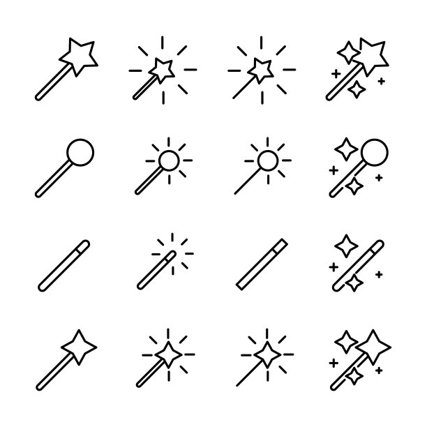 一组魔术棒相关的矢量线图标。图片下载