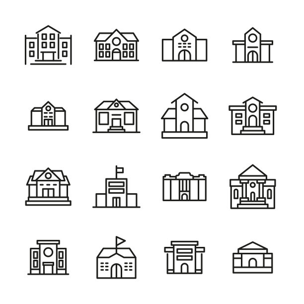 学校建筑相关的矢量线图标集。图片下载
