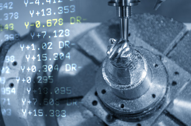 五轴数控铣床采用球形立铣刀切割样品零件的抽象场景。图片下载