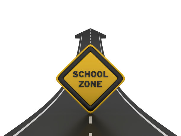 道路箭头与学校区域道路标志- 3D渲染图片下载
