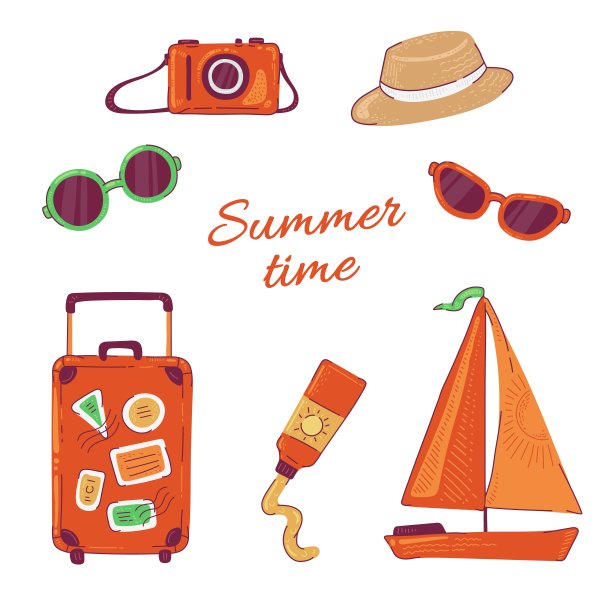设定暑假旅游。向量太阳镜和照片相机卡通平面插图孤立的白色背景。图片下载