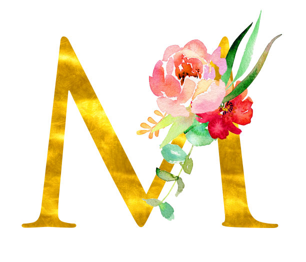 金色古典形式的字母M装饰水彩花和叶子，孤立在白色的背景。奢华独特的设计适用于婚礼请柬、海报、贺卡、家居装饰等概念图片下载